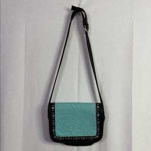 Black Leather Rhinestone Studded Teal Embossed Crossbody Bag